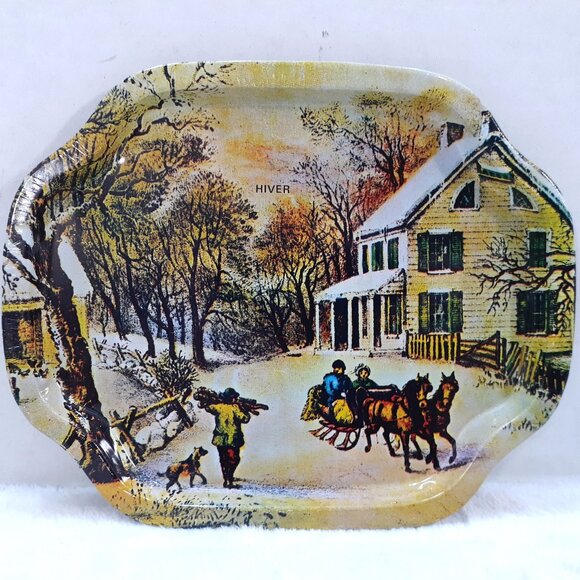 Vintage Action Industries Tin Tray Metal Plate Winter Scene 1985 Hong Kong - Picture 1 of 9